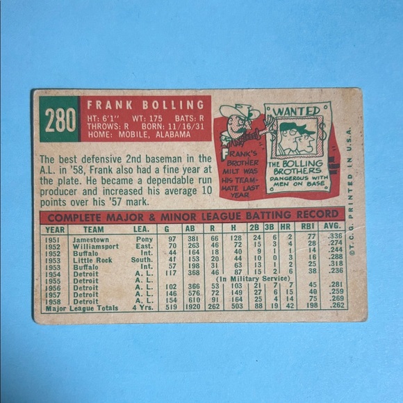 Vintage 1959 Detroit Tigers Frank Bolling Original issue Baseball Card #280 - Picture 2 of 2